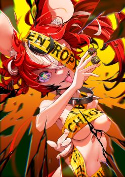 1girl absurdres animal_ear_fluff animal_ears areola_slip arm_behind_back armpits black_streaks breasts broken_glass caution_tape censored clothes_writing collar commentary convenient_censoring dice double-parted_bangs english_text fang glass glowing glowing_eyes hair_between_eyes hakos_baelz highres holding holding_dice hololive hololive_english medium_breasts mouse_ears mouse_girl mouse_tail multicolored_eyes multicolored_hair myo-zin navel one_eye_covered rainbow_eyes red_hair spiked_collar spikes standing streaked_hair tail tape_censor tongue tongue_out twintails uneven_twintails virtual_youtuber white_streaks