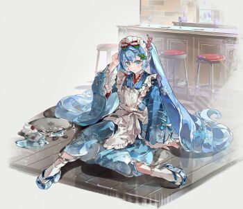 Rule 34 | 1girl, absurdly long hair, absurdres, apron, bar counter, bar stool, blue dress, blue eyes, blue hair, blue kimono, blue nails, blue sleeves, blush, broken cup, broken glass, cherry, cream, dress, fingernails, floor, food, fortissimo, fruit, glass, hair ornament, hand on floor, hand on own head, hatsune miku, highres, ice, ice cube, japanese clothes, kimono, long hair, long sleeves, lunar (lunar 815), maid, maid apron, maid headdress, musical note, musical note hair ornament, nail polish, obi, plate, sandals, sash, sitting, solo, stool, tabi, tears, very long hair, vocaloid, wa maid, wide sleeves, yuki miku, zouri