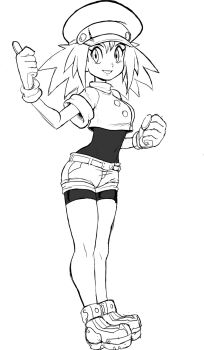 bodystocking crop_top gloves hat highres looking_at_viewer medium_hair mega_man_(series) mega_man_legends_(series) roll_(mega_man) short_shorts shorts sketch teevo thumbs_up