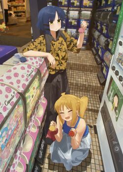 2girls absurdres ahoge black_pants blonde_hair blue_hair blue_tank_top bocchi_the_rock! commentary_request gashapon highres ijichi_nijika long_hair multiple_girls pants shirasuke_0822 shirt short_hair side_ponytail sidelocks skirt squatting standing tank_top vending_machine white_skirt yamada_ryo yellow_eyes yellow_shirt