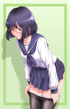1girl akippoi_0919 arms_at_sides black_hair black_pantyhose blue_neckerchief blue_sailor_collar blue_skirt bob_cut border brown_eyes clothes_pull commentary_request glasses green_background green_border highres leaning_forward long_sleeves looking_at_viewer miniskirt neckerchief original outside_border panties panty_pull pantyhose pantyhose_pull parted_lips pleated_skirt pulling_own_clothes red-framed_eyewear sailor_collar school_uniform serafuku shadow shirt short_hair simple_background skirt solo underwear variant_set white_panties white_shirt