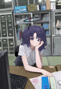 1girl absurdres bare_arms blue_archive blush computer_keyboard doodle_sensei_(blue_archive) drawing_(object) halo highres indoors jianjia long_hair looking_at_viewer pov_across_table purple_eyes purple_hair red_pupils sensei_(blue_archive) shirt short_sleeves signature solo two_side_up very_long_hair white_shirt yuuka_(blue_archive)