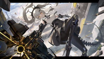 absurdres aiming aiming_at_viewer alternate_costume belt building cc_xiaotintin charging_device city cloud glowing hair_ornament hairclip headgear high_belt highres industrial jumping karenina:_scire_(maleficent)_(pgr) karenina_(pgr) looking_at_viewer mechanical_arms mechanical_legs missiles outside_border punishing:_gray_raven skirt sky skyscraper smile smoke smoke_trail tail twintails white_hair yellow_eyes