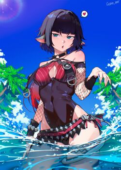 1girl animal_ears artist_name bare_shoulders black_choker black_hair black_one-piece_swimsuit black_sarong blue_sky breasts breasts_apart cesar_art456 choker cloud commentary_request cowboy_shot day detached_sleeves fishnet_sleeves fishnets green_eyes hand_on_own_thigh heart highleg highleg_one-piece_swimsuit highres jane_doe_(nocturne_of_light)_(zenless_zone_zero) jane_doe_(zenless_zone_zero) large_breasts lens_flare long_hair looking_at_viewer mouse_ears mouse_girl mouse_tail multicolored_hair o-ring o-ring_choker official_alternate_costume one-piece_swimsuit open_mouth outdoors palm_tree red_hair red_one-piece_swimsuit sarong sharp_tail sky solo spanish_commentary spoken_heart standing sun swimsuit tail tail_around_own_leg tree two-tone_hair two-tone_one-piece_swimsuit very_long_fingernails wading water water_drop wet zenless_zone_zero