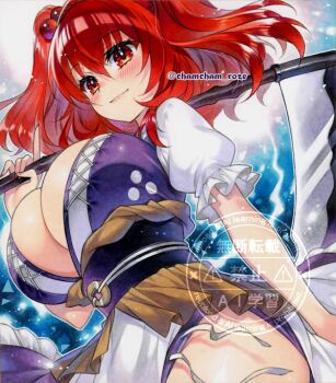 Rule 34 | 1girl, blush, breasts, chacham, cleavage, closed mouth, commentary request, dress, frills, hair between eyes, holding, holding scythe, large breasts, medium hair, nail polish, onozuka komachi, purple dress, red eyes, red hair, red nails, scythe, shirt, short sleeves, side slit, smile, solo, thighs, touhou, traditional media, twitter username, two side up, watermark, white shirt