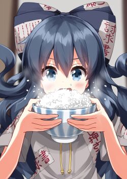 1girl blue_bow blue_eyes blue_hair blurry blurry_background blush bow bowl commentary_request drawstring eating grey_hoodie hair_between_eyes highres holding holding_bowl hood hood_down hoodie long_hair open_mouth patch rice rice_bowl ruu_(tksymkw) short_sleeves solo touhou upper_body yorigami_shion