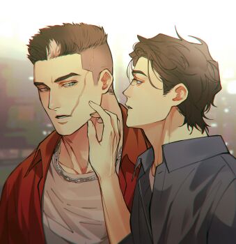 2boys absurdres batman_(series) black_hair brothers chain chain_necklace collared_shirt dc_comics dick_grayson geru_(shigeru13_pm) grey_shirt highres inseki jason_todd jewelry looking_at_another male_focus multicolored_hair multiple_boys necklace open_clothes open_mouth open_shirt red_shirt scar scar_on_face shirt short_hair siblings two-tone_hair white_hair yaoi