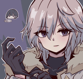 2girls adjusting_clothes adjusting_gloves anastasia_(idolmaster) black_background black_gloves black_hair black_shirt chibi chibi_inset covered_collarbone fur-trimmed_jacket fur_trim glove_pull gloves grey_eyes grey_hair grey_jacket grey_outline hair_between_eyes hands_up idolmaster idolmaster_cinderella_girls jacket jitome kawamochi_(kawauti919) long_sleeves looking_at_viewer multicolored_hair multiple_girls outline purple_background shirayuki_chiyo shirt solo_focus two-tone_hair upper_body