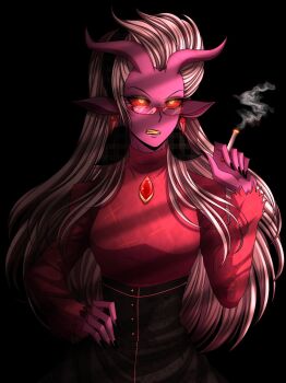 1girl accessories angry black_lips black_nails breasts cneko-chan colored_skin demon_girl demon_horns glasses hellaverse helluva_boss highres horns lipstick long_hair makeup mayberry_(helluva_boss) medium_breasts purple_skin red-framed_eyewear smoking sweater