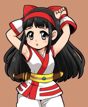 Rule 34 | 1girl, ainu clothes, armpits, black eyes, black hair, bow, breasts, hair bow, hairband, knife, long hair, looking at viewer, nakoruru, open mouth, red bow, samurai spirits, simple background, solo, sweat, yuuya (blue scarab)