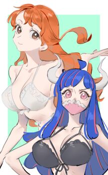 2girls alternate_costume bare_shoulders beast_pirates_uniform bikini black_bikini blue_hair border breasts brown_eyes cleavage closed_mouth collarbone commentary front-tie_bikini_top front-tie_top halterneck hashtag-only_commentary large_breasts long_hair looking_at_viewer mask mouth_mask multiple_girls nami_(one_piece) one_piece orange_hair outside_border pink_eyes raine_(acke2445) smile swimsuit symbol-only_commentary ulti_(one_piece) upper_body wavy_hair white_bikini white_border