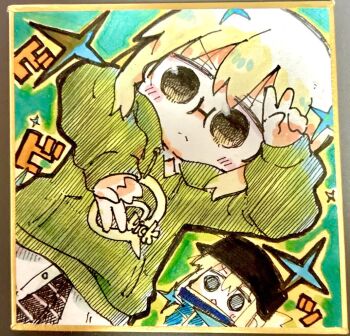 Rule 34 | 2girls, arm up, artoria pendragon (fate), black hat, blonde hair, blue jacket, blue scarf, blush stickers, brown eyes, chibi, closed mouth, commentary request, fate/grand order, fate (series), flat cap, glasses, green hoodie, hair between eyes, hat, hood, hood down, hoodie, jacket, kasuga yuuki, long sleeves, multiple girls, mysterious heroine x (fate), mysterious heroine x alter (fate), parted lips, photo (medium), puffy long sleeves, puffy sleeves, quick shirt, scarf, shikishi, sleeves past wrists, traditional media, v