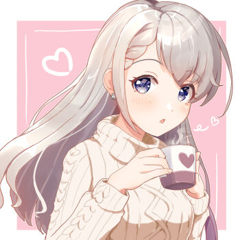 Rule 34 | 1girl, absurdres, alternate costume, asymmetrical bangs, blue eyes, border, braid, braided bangs, brown sweater, cable knit, cup, earrings, grey hair, heart, highres, hisakawa hayate, holding, holding cup, idolmaster, idolmaster cinderella girls, jewelry, long hair, long sleeves, looking at viewer, mouchi (mouchimochi), mug, open mouth, pink background, solo, sweater, turtleneck, turtleneck sweater, upper body, white border