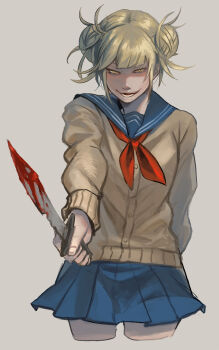1girl absurdres blonde_hair blood bloody_weapon blue_skirt boku_no_hero_academia cardigan commentary_request cropped_legs double_bun hair_bun highres holding holding_knife knife looking_at_viewer narrowed_eyes neckerchief open_mouth pleated_skirt red_neckerchief saida_(ohda_ooda) skirt solo toga_himiko weapon yellow_eyes