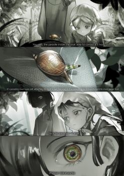 2girls 4koma comic english_text highres horror_(theme) leaf leucochloridium_paradoxum maruma_gozu multiple_girls original plant snail veil