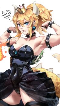 1girl absurdres armlet armpits arms_up black_collar black_leotard black_nails blonde_hair blue_eyes bowsette bracelet breasts breath_weapon breathing_fire cleavage collar crown ear_piercing earrings fingernails fire flexing highres horns jewelry large_breasts leotard looking_at_viewer mario_(series) medium_breasts meltyrice muscular muscular_female nail_polish new_super_mario_bros._u_deluxe nintendo open_mouth piercing pointy_ears ponytail sharp_fingernails sharp_teeth skirt spiked_armlet spiked_bracelet spiked_collar spiked_shell spiked_tail spikes strapless strapless_leotard super_crown tail teeth thighhighs turtle_shell