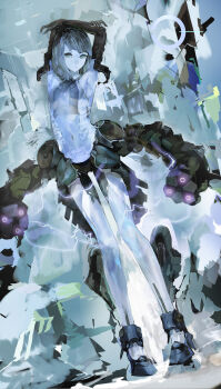 Rule 34 | 1girl, absurdres, arms behind head, arms up, electricity, female focus, full body, grey eyes, highres, long hair, mechabare, mechanical arms, navel, original, silver hair, solo, uturo