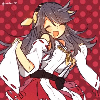1girl bare_shoulders blush breasts closed_eyes detached_sleeves grey_hair hair_between_eyes haruna_(kancolle) headgear japanese_clothes kantai_collection long_hair natsumi_(natumi06) nontraditional_miko open_mouth polka_dot polka_dot_background red_background ribbon-trimmed_sleeves ribbon_trim solo twitter_username wide_sleeves