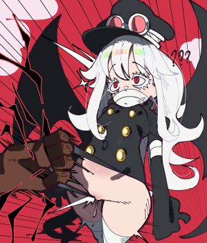 1boy 1girl ? absurdres aged_down ass bandaged_leg bandages bandages_around_chest blush buttons clenched_hand clothes_pull cloud covered_mouth covered_navel cropped_legs crotch_rub dark-skinned_male dark_skin demon_tail demon_wings double-parted_bangs eyelashes eyeliner eyewear_on_headwear flat_chest glasses gunko hair_flaps hat heart heart_tail highres kurosu169 leotard leotard_pull loli long_hair long_sidelocks long_sleeves makeup one_piece out_of_frame partially_undressed peaked_cap pussy_juice raised_eyebrows red_background red_eyes round_eyewear sidelocks simple_background sleeves_past_fingers sleeves_past_wrists sparkle surprised tail thighhighs unusual_pupils white_hair wide_hips wings