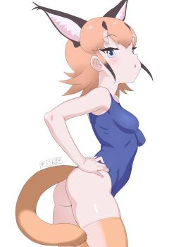 1girl absurdres animal_ear_fluff animal_ears ass bare_arms bare_shoulders blue_eyes blue_one-piece_swimsuit breasts brown_hair caracal_(kemono_friends) commentary cowboy_shot extra_ears hand_on_own_hip highres kemono_friends light_blush looking_at_viewer masuyama_ryou medium_breasts medium_hair multicolored_hair one-piece_swimsuit orange_hair orange_thighhighs simple_background solo swimsuit tail thighhighs two-tone_hair white_background