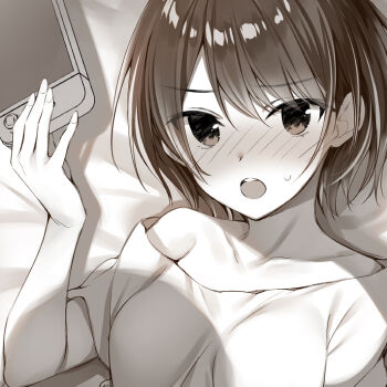 Rule 34 | 1girl, bed sheet, blush, commentary request, greyscale, hand up, holding, looking at viewer, lying, monochrome, on back, open mouth, original, oryo (oryo04), short hair, single bare shoulder, single off shoulder, small sweatdrop, solo