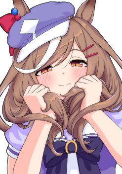 :t animal_ears blue_bow blue_hat blush bow brown_eyes brown_hair closed_mouth commentary_request ear_ornament ears_through_headwear flat_cap hair_ornament hairclip hat highres holding holding_own_hair horse_ears horse_girl looking_at_viewer matikanetannhauser_(umamusume) medium_hair newsboy_cap school_uniform tilted_headwear tracen_school_uniform umamusume upper_body yushii