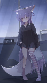 1girl absurdres alarm_clock animal_ears asymmetrical_legwear bipa black_shirt blue_eyes clock commentary_request fox_ears fox_girl fox_tail full_body hand_on_own_hip heterochromia highres holding holding_pillow korean_commentary long_hair long_sleeves looking_at_viewer mask mask_on_head naked_shirt night no_pants oversized_clothes oversized_shirt pillow purple_hair shirt single_sock single_thighhigh sky sleep_mask socks star_(sky) starry_sky stellive striped_clothes striped_thighhighs tail tenko_shibuki thighhighs uneven_legwear very_long_hair virtual_youtuber yellow_eyes
