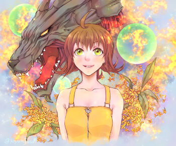 1girl ahoge brown_hair cerberus_(ff8) collarbone d-maker dress final_fantasy final_fantasy_viii flipped_hair green_eyes selphie_tilmitt short_hair smile yellow_dress zipper_dress