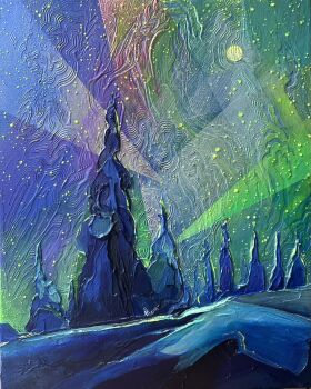 Rule 34 | acrylic paint (medium), anastasia trusova, aurora, highres, impasto, night, no humans, original, outdoors, painting (medium), scenery, star (sky), traditional media, winter