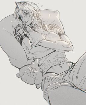 1girl 7nite ? absurdres artist_name bare_arms blue_eyes commentary crossed_arms ducky_(path_to_nowhere) english_commentary greyscale highres looking_at_viewer lying mascot monochrome navel navel_piercing on_back one_eye_closed pants parted_lips path_to_nowhere piercing pillow short_hair shoulder_tattoo simple_background solo spot_color tank_top tattoo toned toned_female tribal_tattoo zoya_(path_to_nowhere)