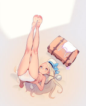 1girl absurdres bare_legs barefoot blonde_hair blue_eyes breasts clock closed_mouth feet forehead hat highres jewelry legs loli long_hair looking_at_viewer muk_(monsieur) nina_(tiny_evil) nipples panties pendant small_breasts smile soles solo textless_version tiny_evil toes topless_female underwear unworn_clothes white_hat white_panties