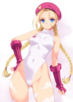 Rule 34 | 1girl, beret, blonde hair, blue eyes, bodypaint, braid, breasts, cammy white, commentary, covered navel, facial scar, fingerless gloves, garrison cap, gloves, gluteal fold, hand on own hip, hat, highleg, highleg leotard, highres, kirishima satoshi, leotard, long hair, looking at viewer, scar, scar on cheek, scar on face, smile, solo, street fighter, street fighter ii (series), thighs, thong leotard, twin braids, white leotard