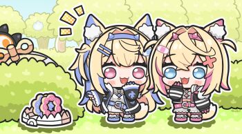 6+girls absurdres animal_ear_fluff animal_ears bandaid bandaid_hair_ornament bear_trap belt blonde_hair blue_eyes blue_hair blush_stickers bush chibi collar commentary dog_ears dog_tail donut dress elizabeth_rose_bloodflame english_commentary fangs fire food fuwawa_abyssgard fuwawa_abyssgard_(1st_costume) gigi_murin hair_intakes hair_ornament hairband hairclip highres hololive hololive_english huusri jacket medium_hair mococo_abyssgard mococo_abyssgard_(1st_costume) multicolored_hair multiple_girls navel open_mouth panther_tail pink_eyes pink_hair pon_de_ring raora_panthera short_hair smile streaked_hair tail tree two_side_up virtual_youtuber white_dress white_hair winding_key