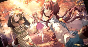 Rule 34 | 3girls, alstroemeria (idolmaster), animal ears, artist request, autumn leaves, brown hair, closed eyes, dutch angle, highres, idolmaster, idolmaster shiny colors, kuwayama chiyuki, leaf, long hair, long skirt, long sleeves, looking at viewer, low twintails, miniskirt, multiple girls, official art, one eye closed, open mouth, osaki amana, osaki tenka, raccoon ears, raccoon tail, round eyewear, skirt, swept bangs, tail, twintails