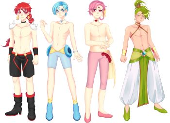 4boys absurdres amazoness_quartet armband ballet_slippers bindi bishoujo_senshi_sailor_moon blue_eyes blue_hair boots bracelet cerecere_(sailor_moon) choker collar earrings flower full_body genderswap genderswap_(ftm) green_hair harem_pants highres jewelry junjun_(sailor_moon) looking_at_viewer male_focus multiple_boys navel pallapalla_(sailor_moon) pants pink_eyes pink_hair ponytail red_eyes red_hair shorts shoulder_pads simple_background smile standing tight_clothes topless_male trap vesves_(sailor_moon) villains white_background yellow_eyes