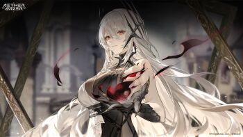 1girl aether_gazer artist_request blurry blurry_background breasts character_request copyright_name copyright_notice earrings grey_hair hair_between_eyes hair_ornament highres jewelry large_breasts long_hair official_art reaching reaching_towards_viewer red_eyes second-party_source solo upper_body