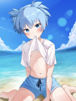 1boy ansatsu_kyoushitsu beach blue_eyes blue_hair blue_sky blush clothes_in_mouth clothes_lift cloud highres looking_at_viewer male_focus male_swimwear mouth_hold navel nipples outdoors shiota_nagisa shirt shirt_in_mouth shirt_lift shota sky solo tekenoko trap water white_shirt