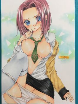 1girl absurdres blue_eyes blush breasts cleavage code_geass hetero highres kae_(bluebluebluebelly) kouzuki_kallen large_breasts looking_at_viewer necktie panties red_hair short_hair solo thighs underwear