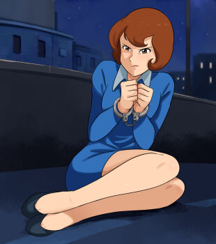 1girl absurdres bad_end bdsm blue_dress bob_cut bondage bound bound_wrists brown_eyes brown_hair captured collared_dress cuffs defeat dress female_focus handcuffed handcuffs highres lost_one_zero lupin_iii mine_fujiko nail_polish on_ground outdoors scowl short_hair solo