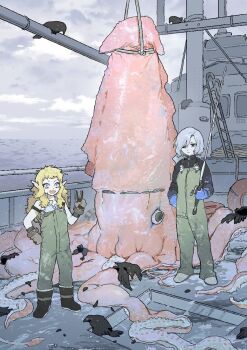 1boy 1girl bird black_bird black_eyes blonde_hair blue_gloves boat boots brown_gloves closed_mouth cloud cloudy_sky day dungeon_meshi fishing_rod fleki gapamopa giant_squid gloves green_overalls grey_hair hair_over_one_eye ladder lifebuoy long_hair long_sleeves messy_hair mithrun notched_ear off_shoulder open_mouth outdoors overalls pointy_ears rope sky squid standing swim_ring tentacles v water watercraft wavy_mouth