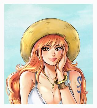 1girl artist_name bangle bare_shoulders blush bracelet breasts camisole cleavage closed_mouth collarbone commentary earrings eyelashes greciiagzz hand_on_own_cheek hand_on_own_face hat highres jewelry large_breasts lips log_pose long_hair looking_at_viewer nami_(one_piece) necklace one_piece orange_eyes orange_hair pearl_earrings pink_lips shoulder_tattoo sidelocks smile solo straw_hat tattoo upper_body wavy_hair white_camisole