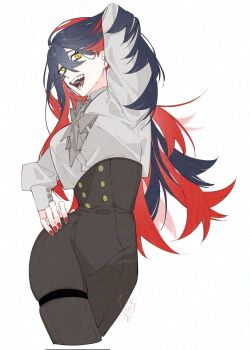 1girl arm_up ascot black_hair black_pants carmine_(pokemon) colored_inner_hair commentary crossed_bangs fangs grey_ascot grey_shirt hair_between_eyes hand_in_own_hair high-waist_pants highres long_hair long_sleeves looking_at_viewer mole mole_under_eye multicolored_hair neckerchief nintendo ofuton_1414 open_mouth pants pokemon pokemon_scarlet_and_violet puffy_long_sleeves puffy_sleeves red_hair red_nails shirt smile solo standing thigh_strap two-tone_hair white_background yellow_eyes