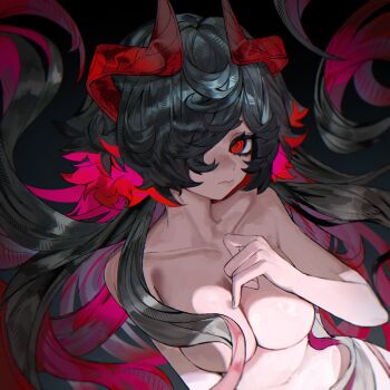1girl @_@ black_hair breasts covering_breasts covering_privates hair_over_one_eye highres horns large_breasts looking_at_viewer navel red_hair rei_(rui_0605) tagme