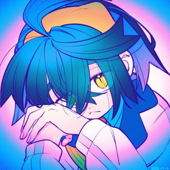 Rule 34 | 1boy, 4lily, black hair, blue shirt, closed mouth, collared shirt, commentary request, crossed bangs, dated, hair between eyes, hairband, highres, jacket, kieran (pokemon), long sleeves, looking at viewer, male focus, multicolored hair, nintendo, orange hairband, own hands together, pokemon, pokemon sv, purple hair, shirt, signature, simple background, solo, upper body, white jacket, yellow eyes