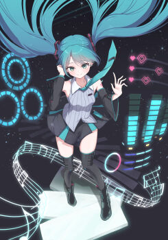 1girl absurdres ankle_boots aqua_eyes aqua_hair aqua_necktie aqua_skirt bare_shoulders black_boots black_skirt black_sleeves black_thighhighs bonfe94 boots closed_mouth collared_shirt commentary commentary_request detached_sleeves english_commentary full_body grey_shirt hands_up hatsune_miku hatsune_miku_(vocaloid6) highres korean_commentary legs long_hair looking_at_viewer miniskirt mixed-language_commentary multicolored_skirt necktie number_tattoo shirt shoulder_tattoo skirt sleeveless sleeveless_shirt solo standing star_(sky) starry_sky_background tattoo thighhighs thighs twintails two-tone_skirt vocaloid wide_sleeves zettai_ryouiki