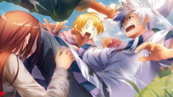 Rule 34 | 0 0, 1boy, 3girls, ahoge, aleph coulson, atelier-moo, blonde hair, blush stickers, breasts, brown eyes, cloud, collarbone, empty eyes, game cg, hair between eyes, hands up, head out of frame, large breasts, leaf, licking lips, long hair, lying, multiple girls, official art, on back, open hand, open hands, open mouth, outdoors, outstretched arms, pushing down, red hair, second-party source, shirt, short hair, short sleeves, sky, spread fingers, striped hat, teeth, tongue, tongue out, v-shaped eyebrows, wavy mouth, white hair, yuukyuu gensoukyoku, yuukyuu gensoukyoku revival