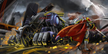 android city digimon digimon_(creature) digimon_tamers digimon_tamers:_boso_digimon_tokkyu dk_(13855103534) dukemon grandlocomon highres holding holding_weapon machine polearm shield sky train weapon