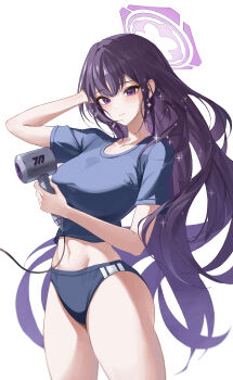 1girl 4meart0112 absurdres arm_up bladeless_fan blue_archive blue_buruma blue_shirt blush breasts buruma closed_mouth commentary cowboy_shot drying drying_hair gym_shirt gym_uniform hair_dryer halo hand_in_own_hair hand_up highres holding holding_hair_dryer large_breasts long_hair looking_at_viewer midriff navel purple_eyes purple_hair purple_halo shirt simple_background smile solo sparkle sumire_(blue_archive) sweat sweat_stain thighs very_long_hair white_background