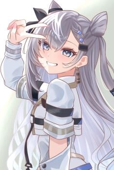 Rule 34 | 1girl, cone hair bun, earrings, elbow cutout, fingernails, grey hair, hair bun, highres, hololive, hololive indonesia, jewelry, kanamirat, long hair, purple eyes, single earring, smile, v, v over head, vestia zeta, vestia zeta (1st costume), virtual youtuber