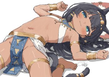 1girl :3 absurdres ancient_egyptian_clothes animal_ear_fluff animal_ear_piercing animal_ears anklet armlet armpits bare_arms bare_legs bare_shoulders barefoot belt black_hair black_tail blue_eyes blunt_bangs blush bracelet cat_ears cat_girl cat_tail clenched_hands closed_mouth dark-skinned_female dark_skin delfino dot_nose flat_chest flexible gold gold_anklet gold_armlet gold_belt gold_bracelet gold_thighlet gold_tiara groin hair_ornament hairclip highres if_you_want_to_become_a_godly_artist_(trend) jewelry loincloth loli long_hair looking_to_the_side lying multiple_piercings narrow_hips navel neck_ring no_panties on_back original parallel_hairclips pelvic_curtain shadow shendyt shiny_skin signature simple_background sitting sling_bikini_top smile solo spread_legs stomach tail tail_ornament tail_ring thighlet tiara toes triangle_print usekh_collar w_arms wariza white_background